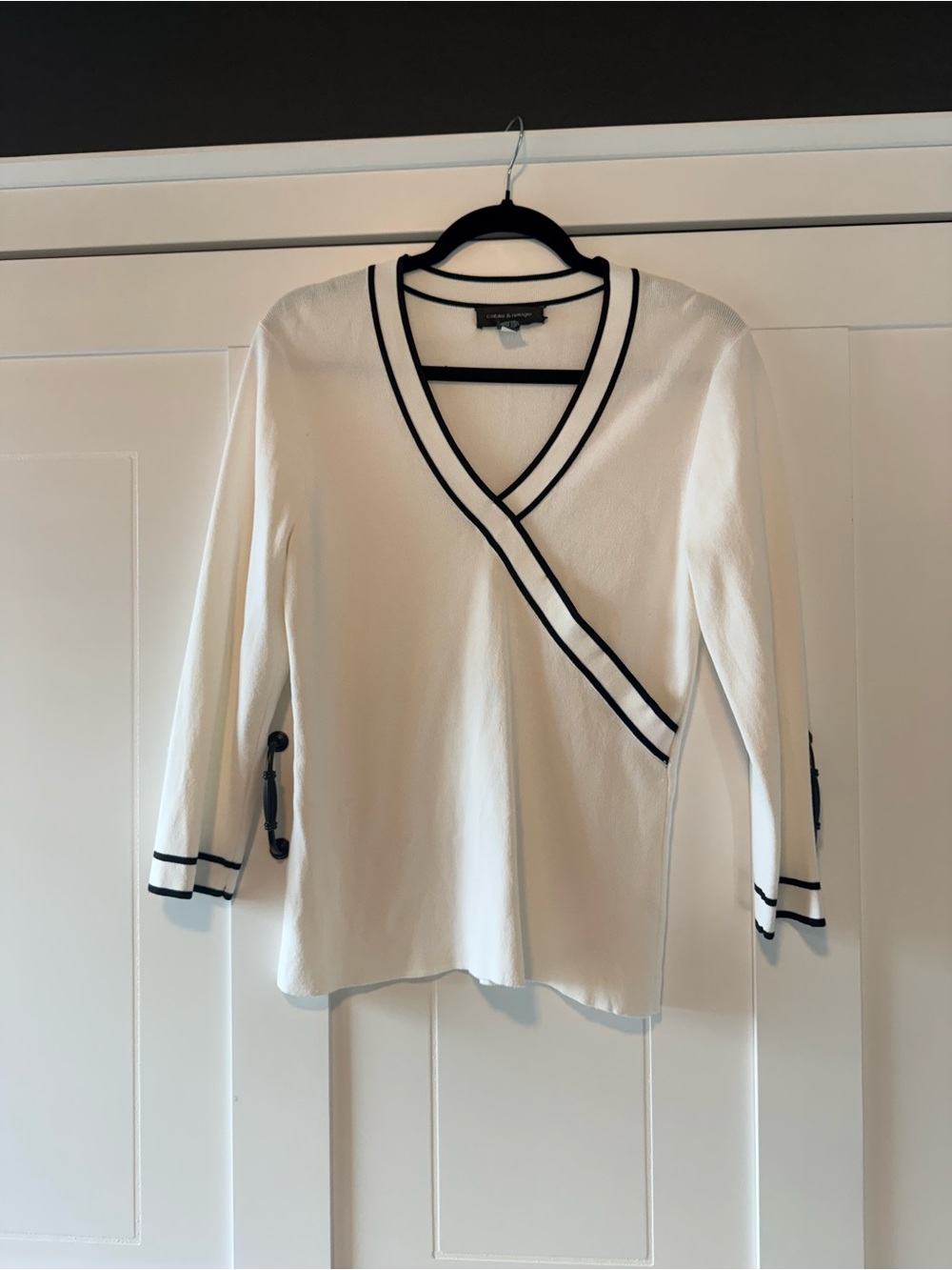 Cream V-Neck Wrap Sweater with Black Trim